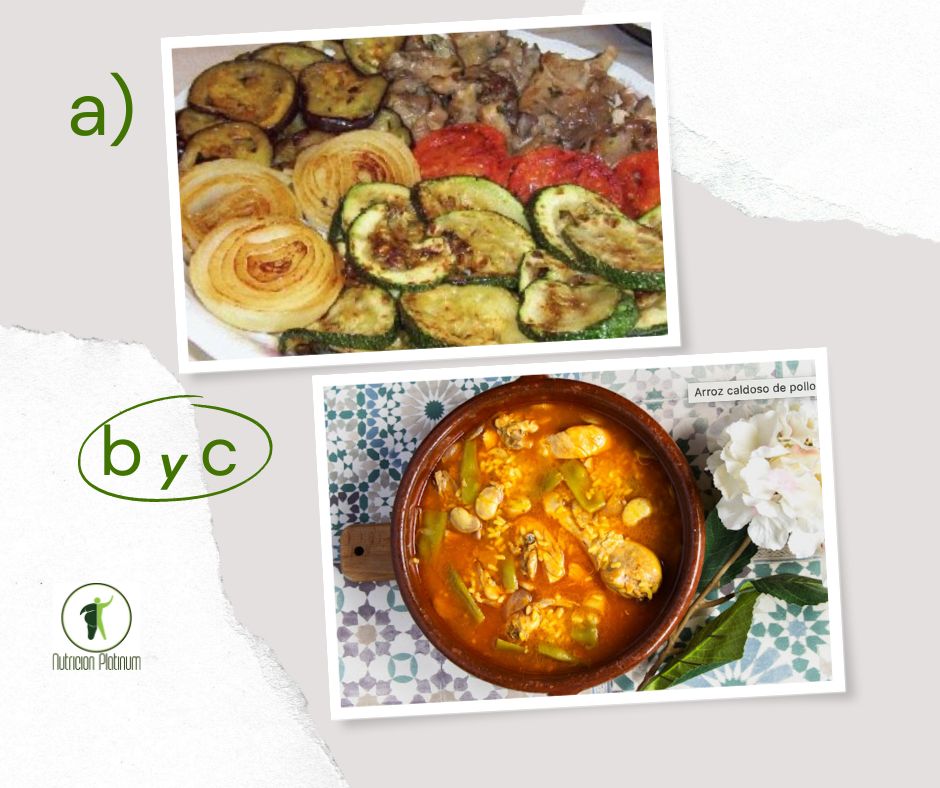 Parrillada de verduras con arroz caldoso de pollo y conejo